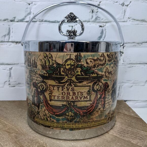 Vintage Ice bucket with World Map Wine chiller with lid - Picture 2 of 7